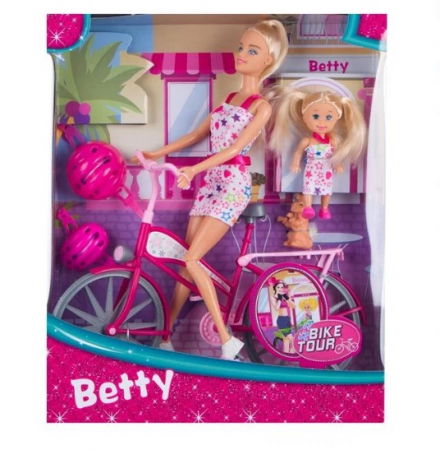 Papusi & accesorii - Set papusa Mama si fiica la plimbare cu bicicleta