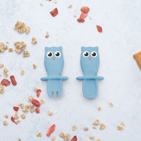 Jocuri si articole copii - Set Tacamuri din silicon, AppeKids, OWL - Aqua Blue