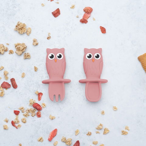 Jocuri si articole copii - Set Tacamuri din silicon, AppeKids, OWL - Old Rose
