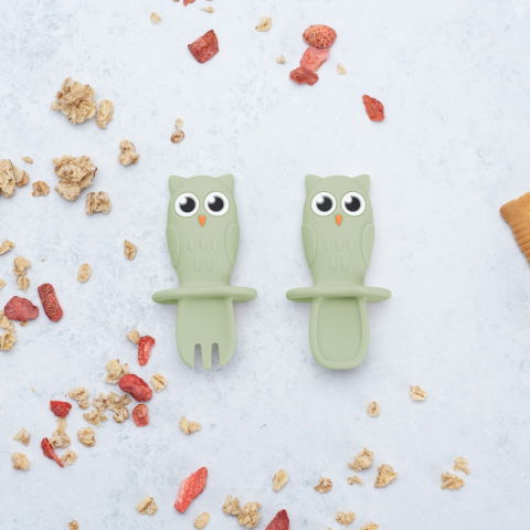 Jocuri si articole copii - Set Tacamuri din silicon, AppeKids, OWL - Raw Green