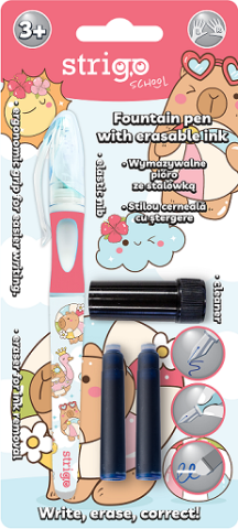 Stilou Strigo cu Cerneală care se Șterge + 2 Rezerve + Dispozitiv Curățare Penița, Capybara Roz