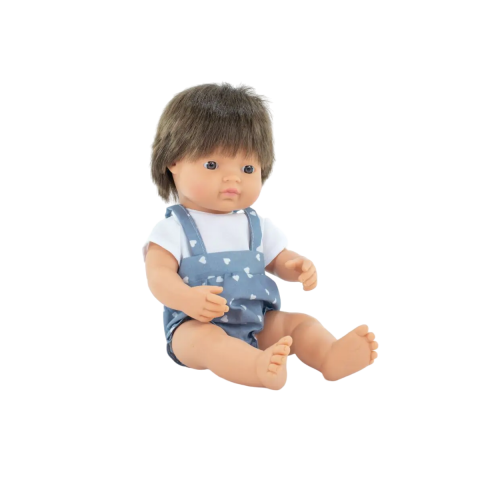 Játékok 0-12 hónaposoknak - Papusa baiat caucazian 38 cm, par saten inchis, in salopeta, corp parfumat, colectia My Friends and Me