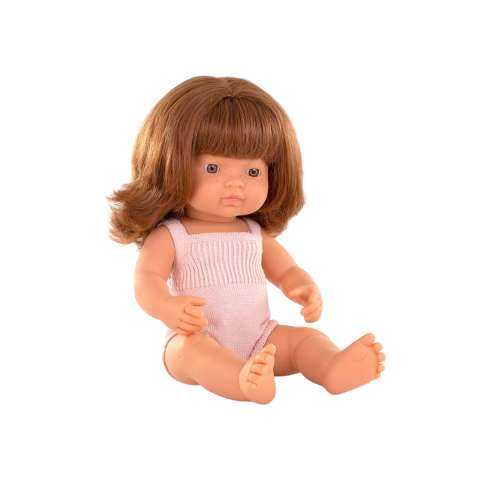 Játékok 0-12 hónaposoknak - Papusa educativa 38 cm Fetita roscata, in salopeta roz, corp parfumat