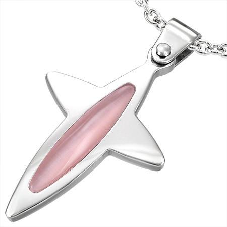 Pandant otel forma cruce cu piatra roz ochi de pisica [1]