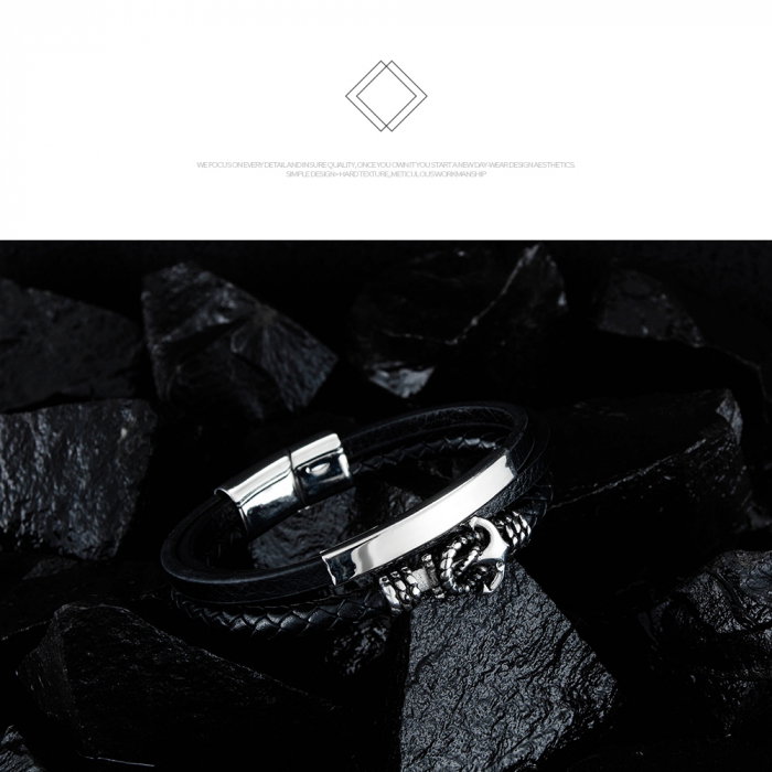 Bratara Anchor din inox si piele neagra [14]