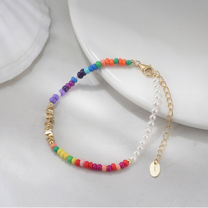 Bratara argint 925 placata cu aur 14K cu perle si margele din sticla colorata [3]