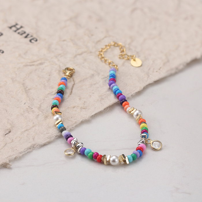 Bratara argint 925 placata cu aur 14K cu perle si zirconiu si margele din sticla colorata [6]