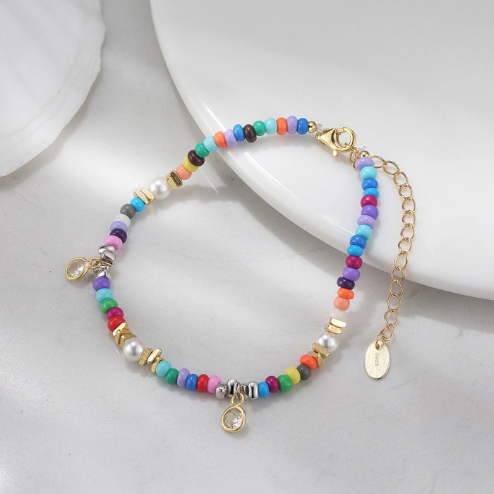 Bratara argint 925 placata cu aur 14K cu perle si zirconiu si margele din sticla colorata [4]