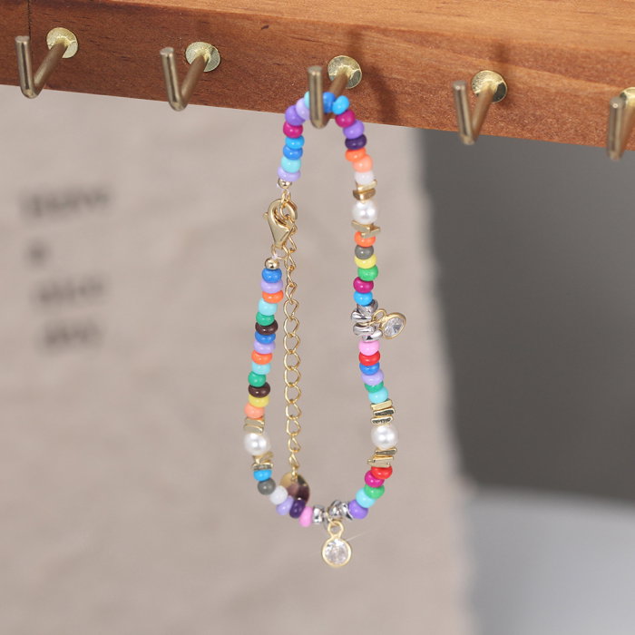 Bratara argint 925 placata cu aur 14K cu perle si zirconiu si margele din sticla colorata [7]