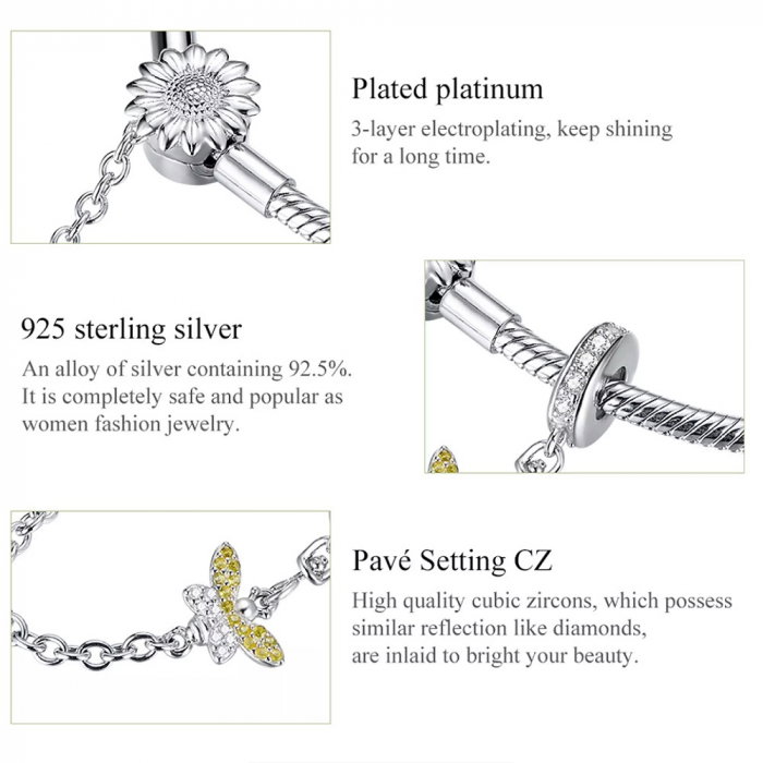 Bratara argint cu lant de siguranta Floarea Soarelui si Albina placata cu rodiu [2]