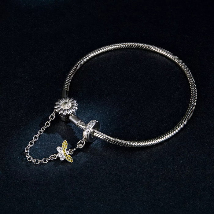 Bratara argint cu lant de siguranta Floarea Soarelui si Albina placata cu rodiu [3]