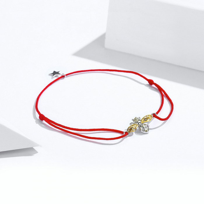 Bratara argint cu albinuta, stea si snur rosu [5]
