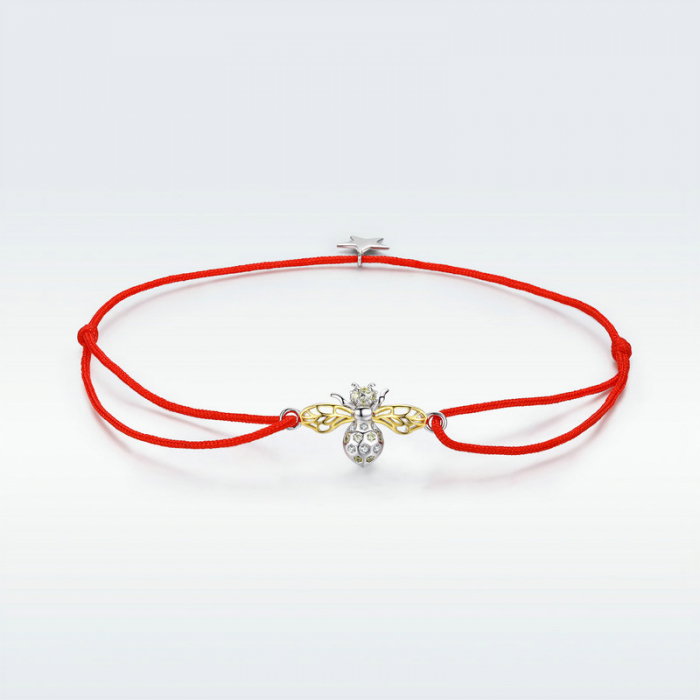 Bratara argint cu albinuta, stea si snur rosu [8]