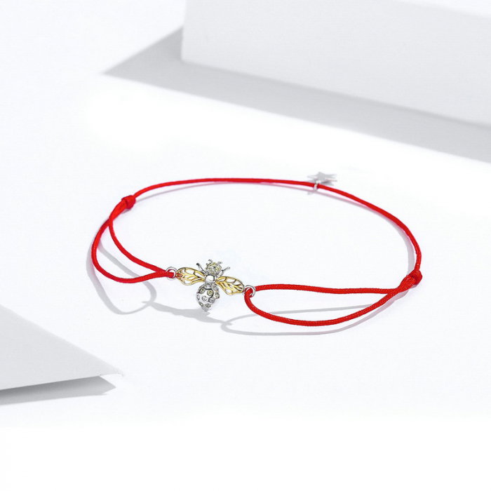 Bratara argint cu albinuta, stea si snur rosu [3]