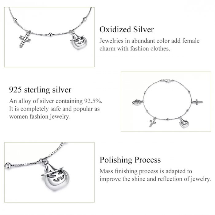 Bratara argint cu patru charmuri cruciulite, craniu si dovleac Halloween [5]