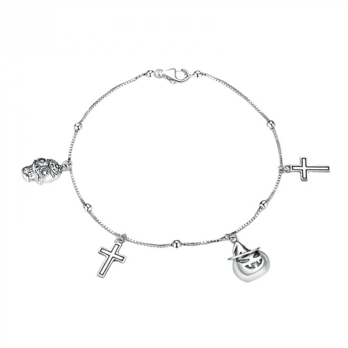 Bratara argint cu patru charmuri cruciulite, craniu si dovleac Halloween [1]
