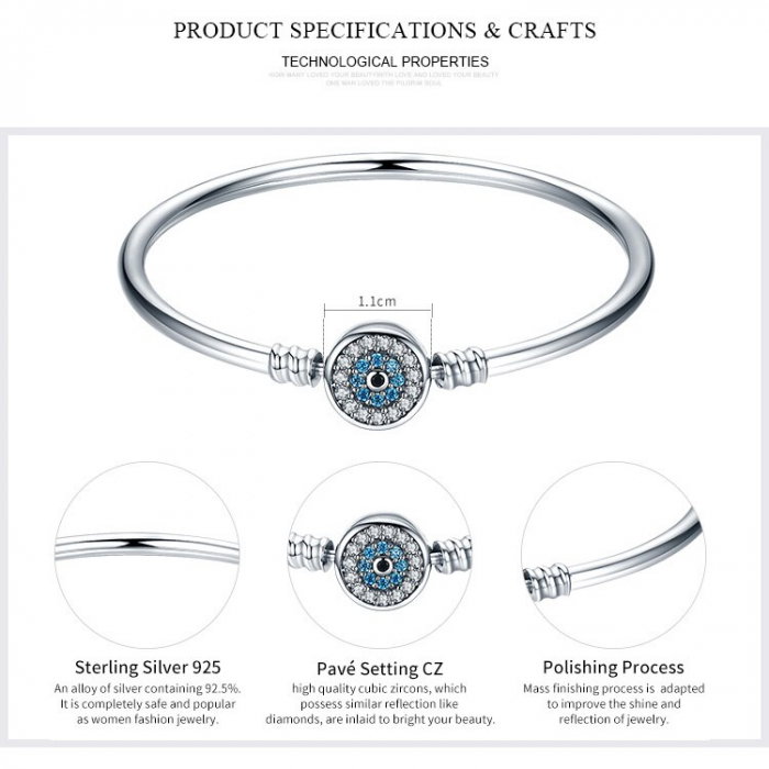 Bratara argint pentru talismane cu zirconii, cu ochi albastru [4]
