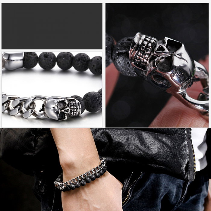 Bratara elastica din inox cu lant plat, craniu si margele lava [2]
