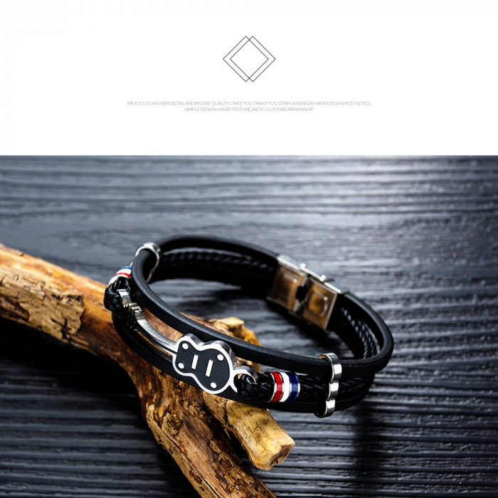 Bratara chitara din inox si piele neagra cu drapelul Frantei [9]