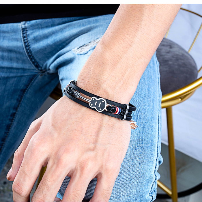 Bratara chitara din inox si piele neagra cu drapelul Frantei [10]