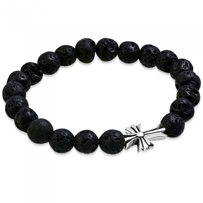 Bratara cu margele negre de lava si cruce - Meditation Bracelet BSL3324 [1]