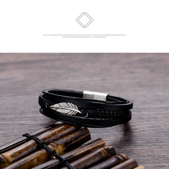 Bratara din piele si inox cu pana argintie [6]