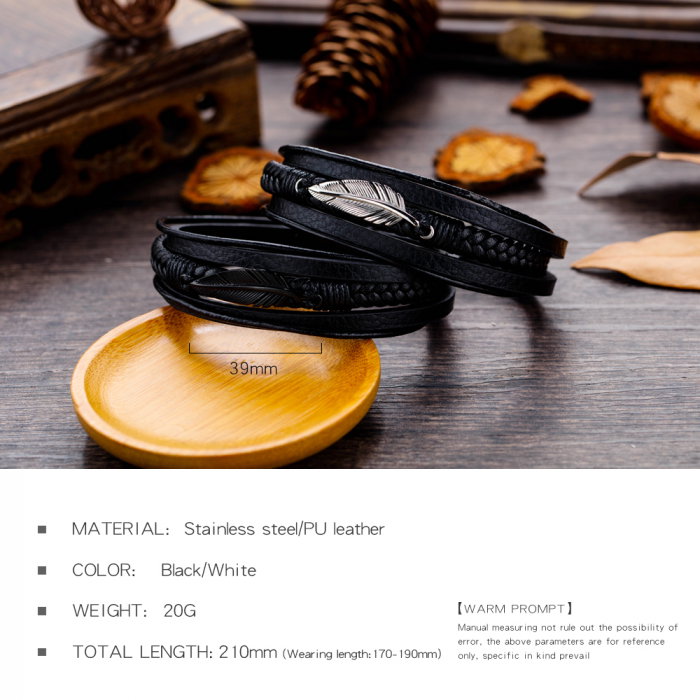 Bratara din piele si inox cu pana argintie [10]