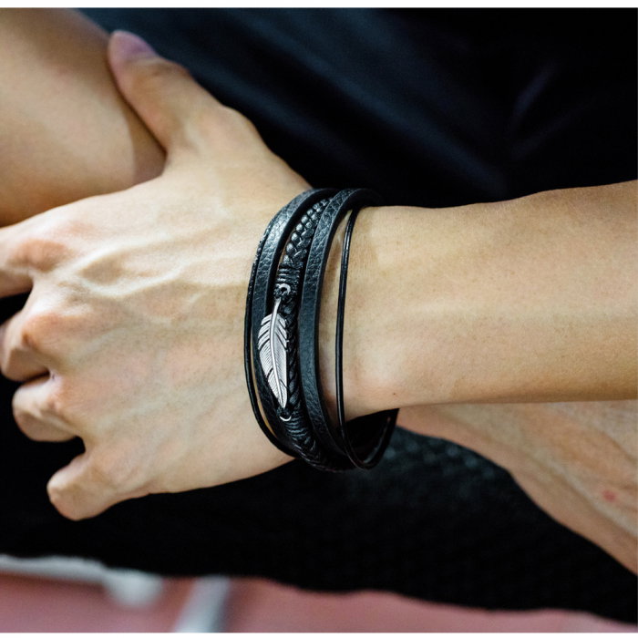 Bratara din piele si inox cu pana argintie [5]