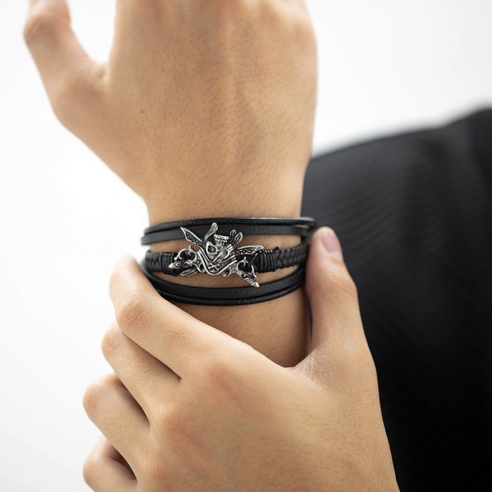 Bratara din inox si piele cu craniu de pirat [5]