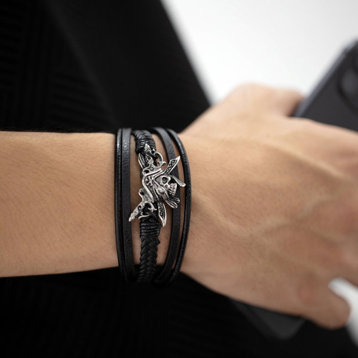 Bratara din inox si piele cu craniu de pirat [14]