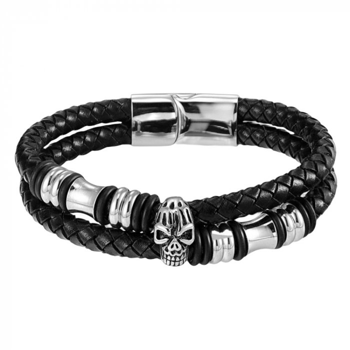 Bratara din piele naturala impletita cu craniu si elemente din inox. [1]