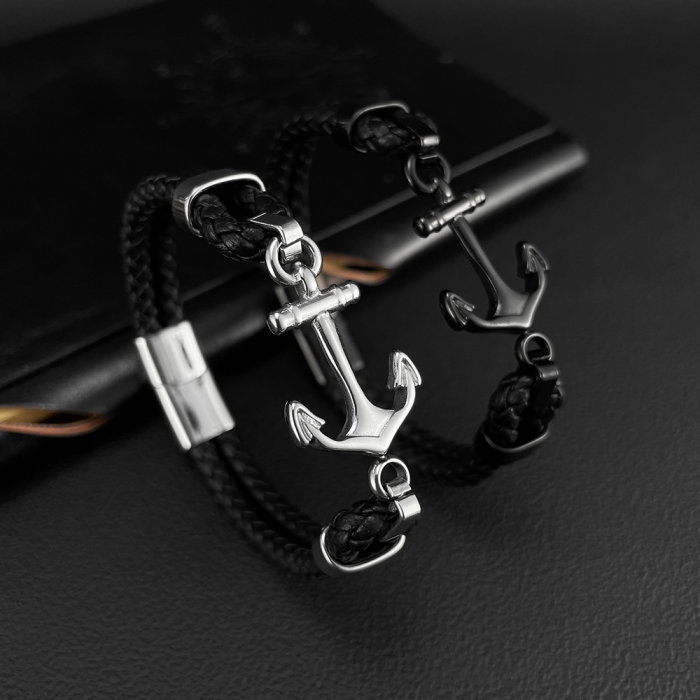 Bratara dubla inox si piele impletita cu ancora neagra [6]