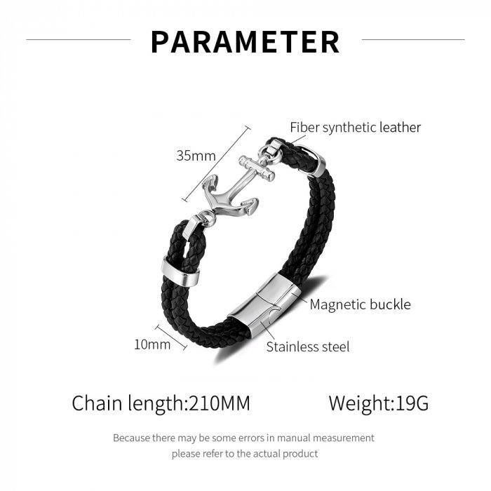 Bratara dubla inox si piele impletita cu ancora neagra [9]