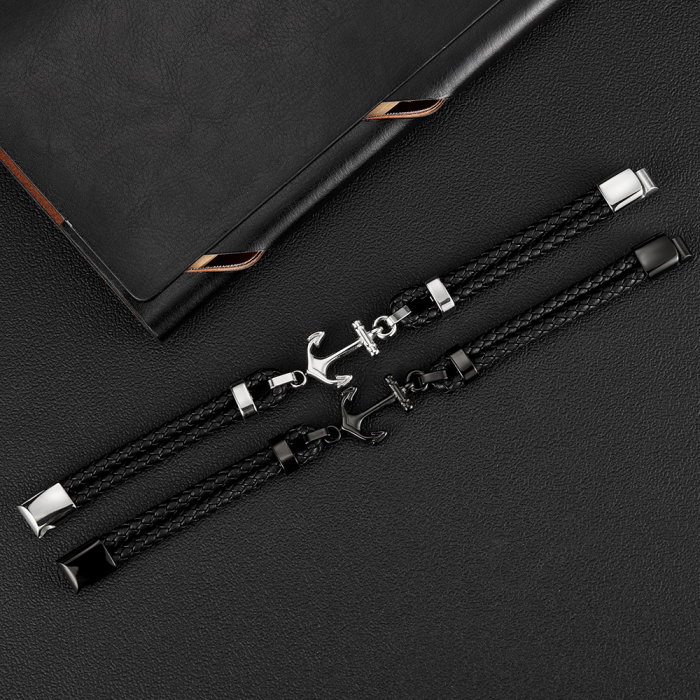 Bratara dubla inox si piele impletita cu ancora neagra [10]