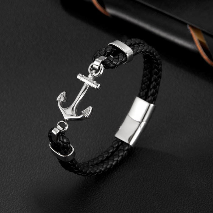 Bratara dubla cu ancora inox si piele impletita [9]