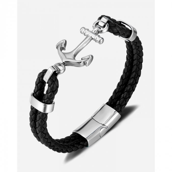 Bratara dubla cu ancora inox si piele impletita [12]