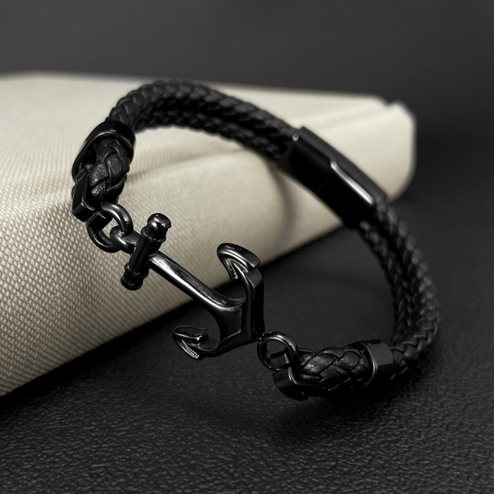 Bratara dubla inox si piele impletita cu ancora neagra [3]