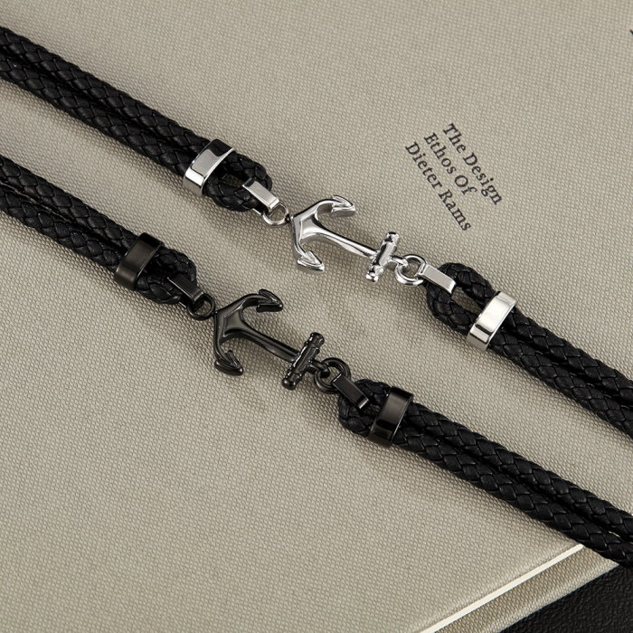 Bratara dubla inox si piele impletita cu ancora neagra [5]