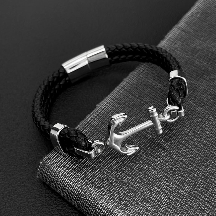 Bratara dubla cu ancora inox si piele impletita [3]