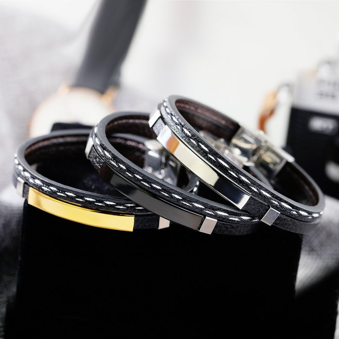 Bratara dubla din piele si inox cu placuta neagra [8]