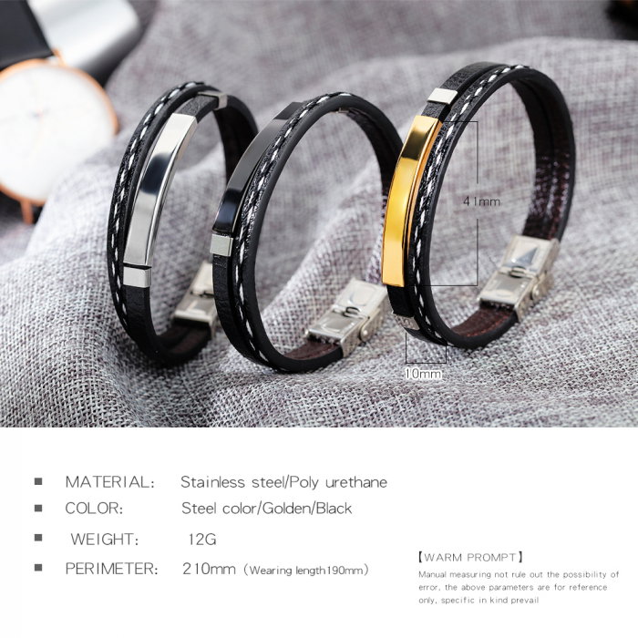 Bratara dubla din piele si inox cu placuta neagra [7]