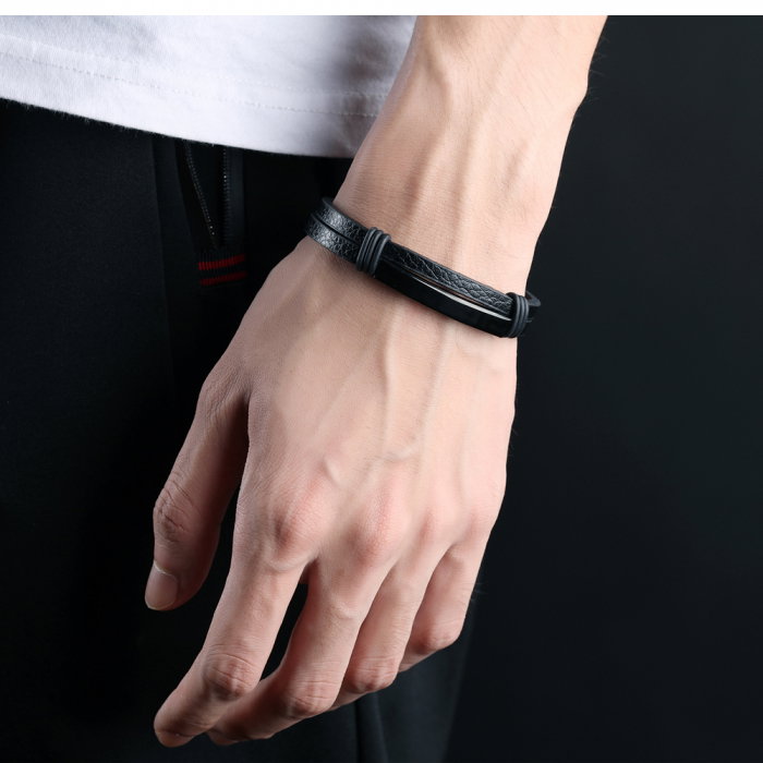 Bratara dubla din piele si inox cu placuta neagra [10]