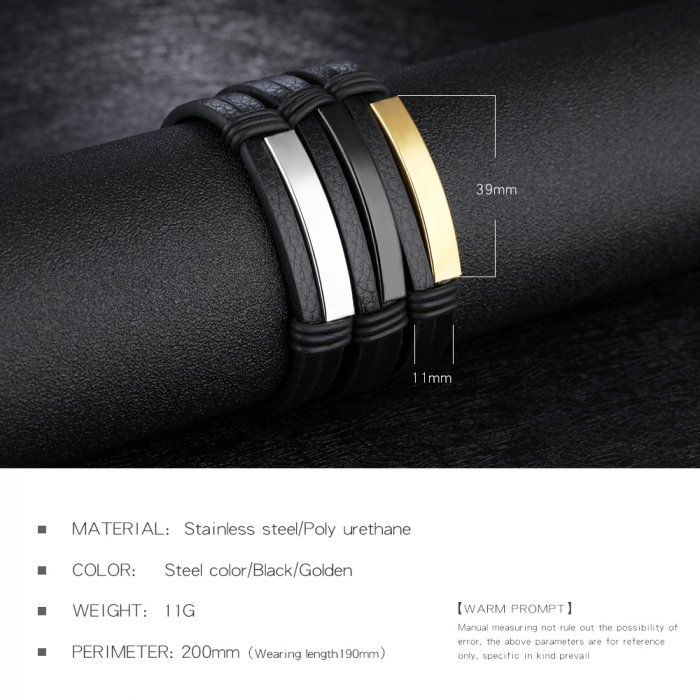 Bratara dubla din piele si inox cu placuta neagra [4]