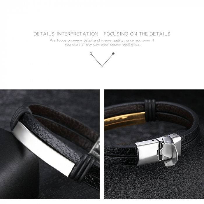 Bratara dubla din piele si inox cu placuta neagra [7]