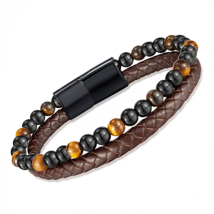 Bratara dubla inox, piele si ochi de tigru [9]