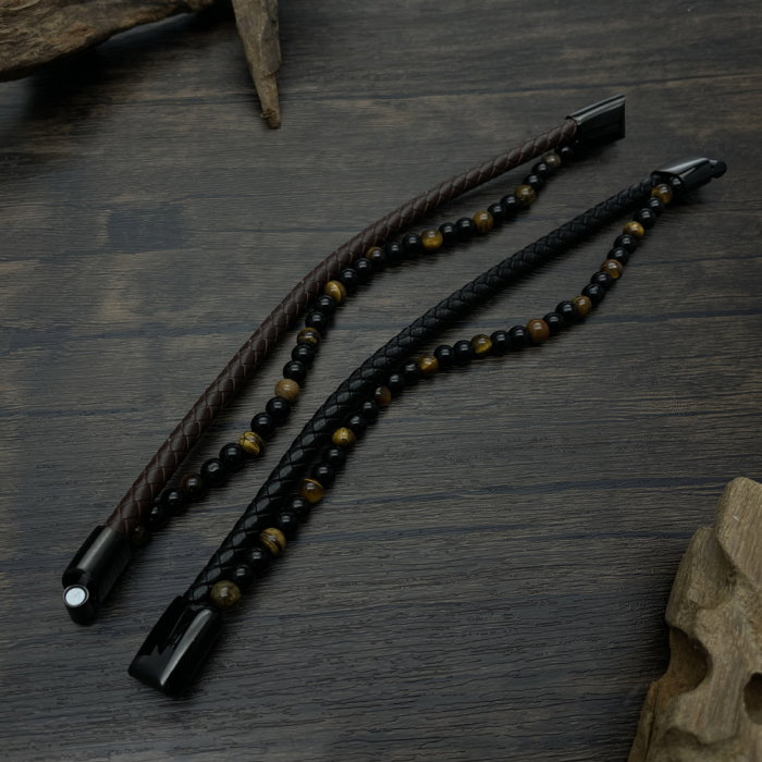 Bratara dubla inox, piele si ochi de tigru [4]