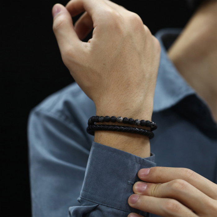 Bratara dubla inox, piele si roca vulcanica [2]