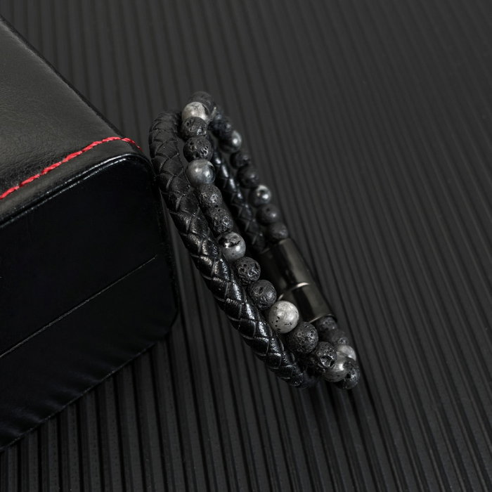 Bratara dubla inox, piele si roca vulcanica [10]