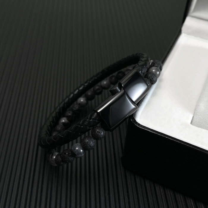 Bratara dubla inox, piele si roca vulcanica [5]