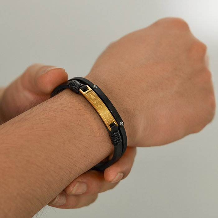 Bratara dubla inox si piele cu placuta aurie [8]